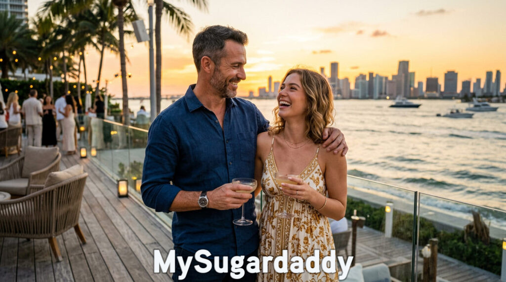 Sugar daddy and sugar baby toasting cocktails at sunset with the Miami skyline in view