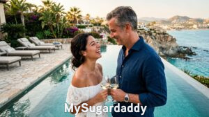 Sugar daddy and sugar baby toasting poolside
