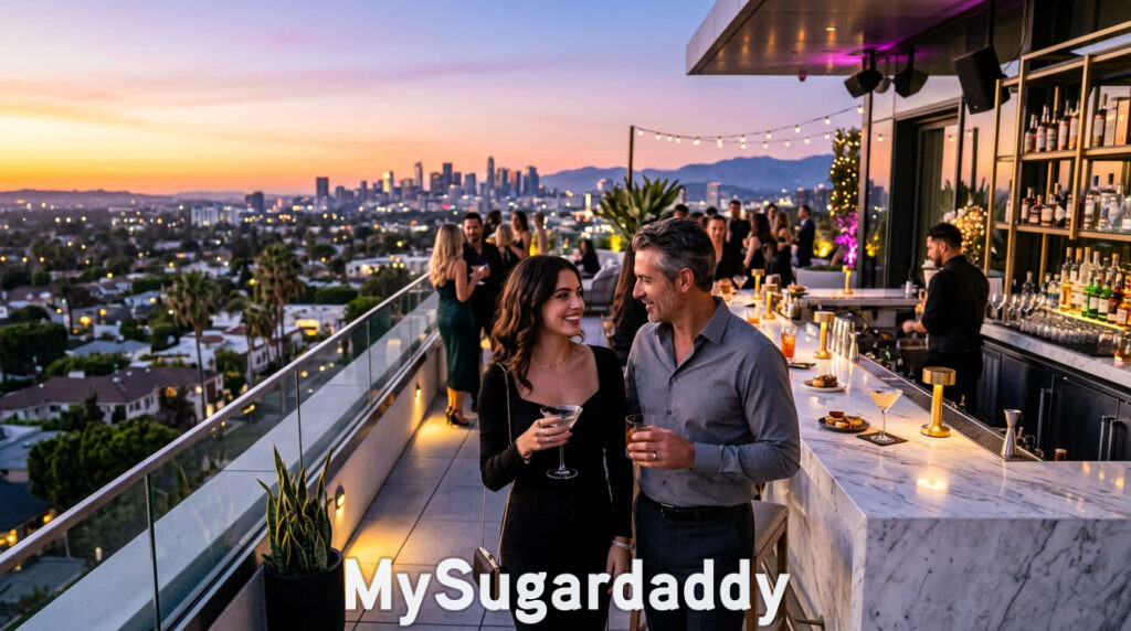 Couple enjoying a rooftop bar at sunset while dating women in Los Angeles