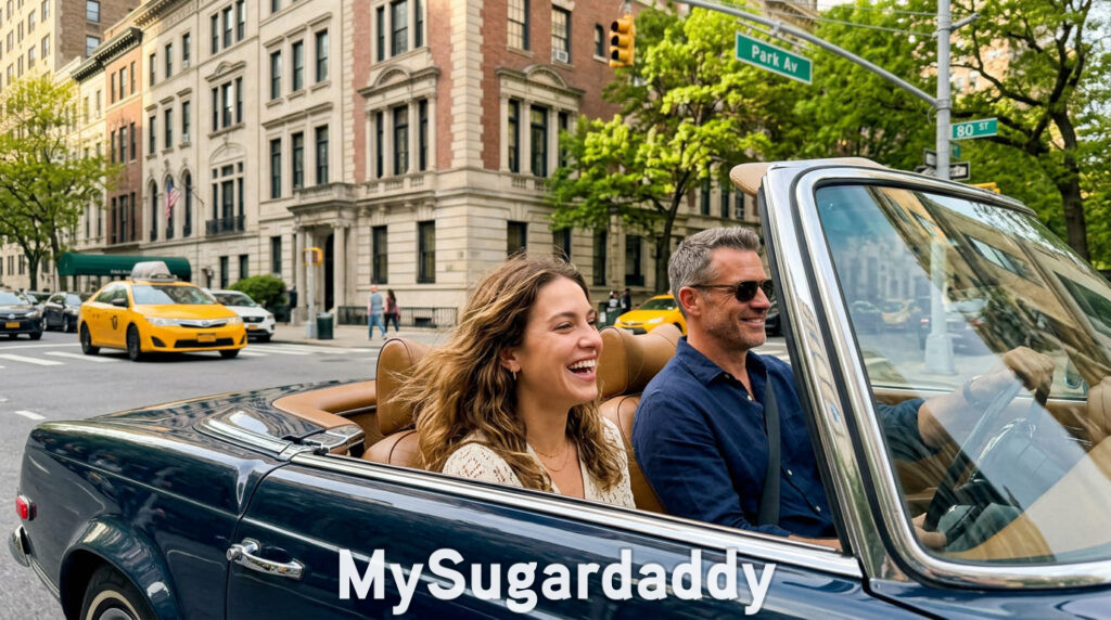 Woman riding through Park Avenue with a rich man in New York City