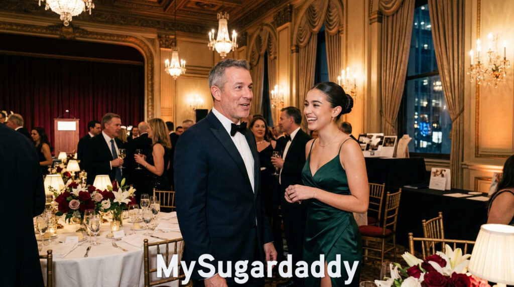 Woman meeting a rich man at a New York City charity gala