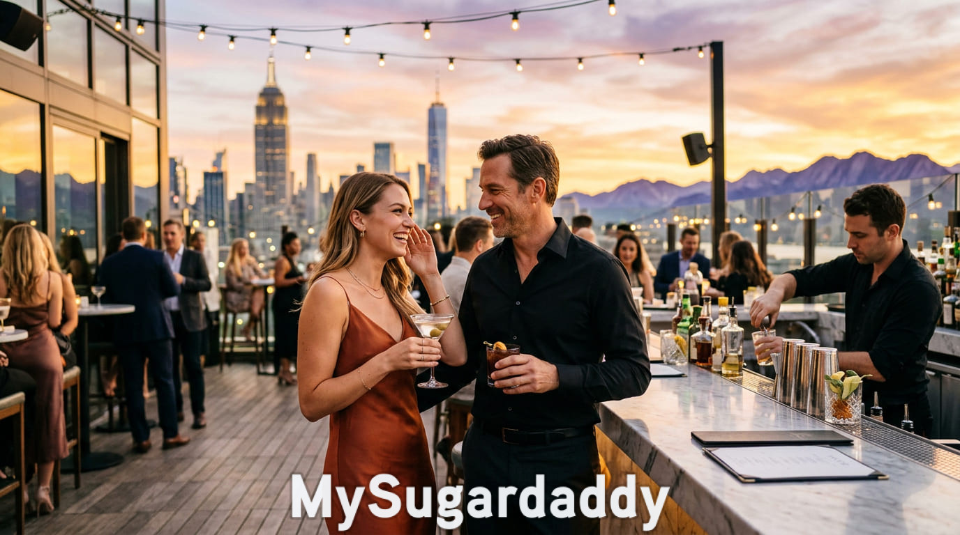 Woman meeting a rich man at a rooftop bar in New York City