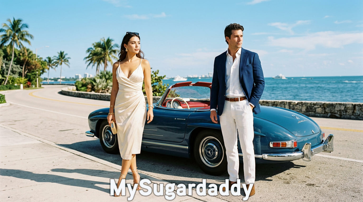 Sugar daddy and sugar baby in Miami posing beside a vintage car on the beachfront