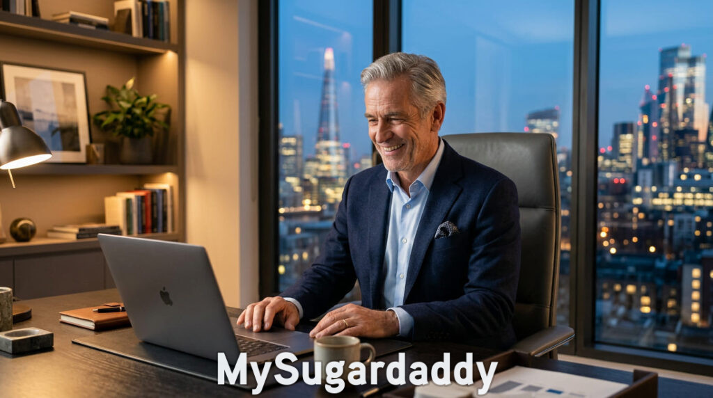 Sugar daddy smiling at a reply after sending a first message to a sugar baby